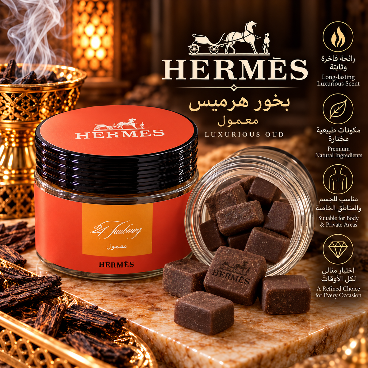 HERMES
بخور هرميس
معمول
LUXURIOUS OUD
رائحة فاخرة
وثابتة
Long-lasting
Luxurious Scent
مكونات طبيعية